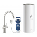 Комплект для кухни GROHE Red Duo с C-образным смесителем, бойлером L-Size и фильтром, суперсталь