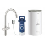 Комплект для кухни GROHE Red Duo с C-образным смесителем, бойлером M-Size и фильтром, суперсталь 