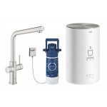 Комплект для кухни GROHE Red Duo с L-образным смесителем, бойлером M-Size и фильтром, суперсталь 