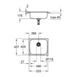 Мойка GROHE K200 60-S, 533 x 458 мм, оборачиваемая с одной чашей, нержавеющая сталь 