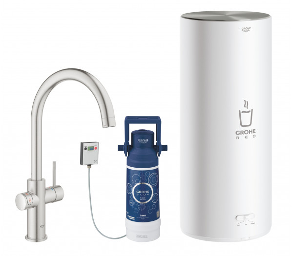 Комплект для кухни GROHE Red Duo с C-образным смесителем, бойлером L-Size и фильтром, суперсталь