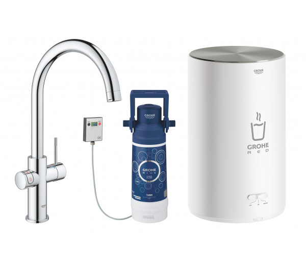 Комплект для кухни GROHE Red Duo с C-образным смесителем, бойлером M-Size и фильтром, хром 