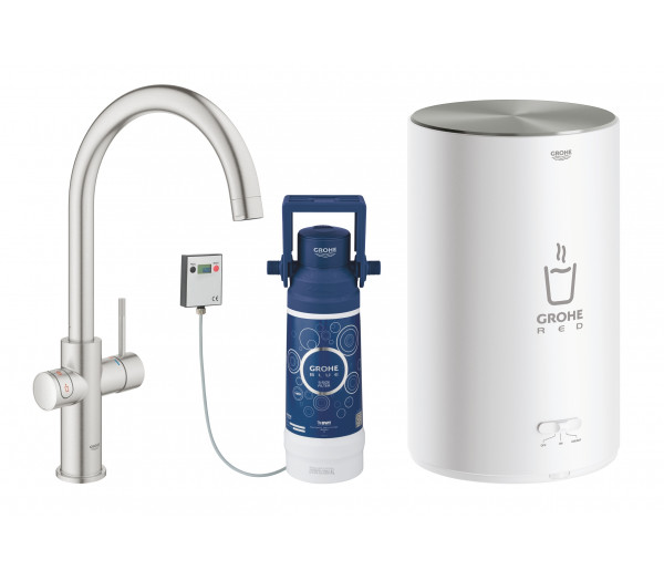 Комплект для кухни GROHE Red Duo с C-образным смесителем, бойлером M-Size и фильтром, суперсталь 