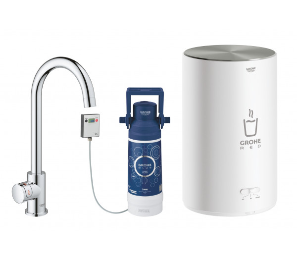Комплект для кухни GROHE Red Mono с C-образным вентилем, бойлером M-Size и фильтром, хром 