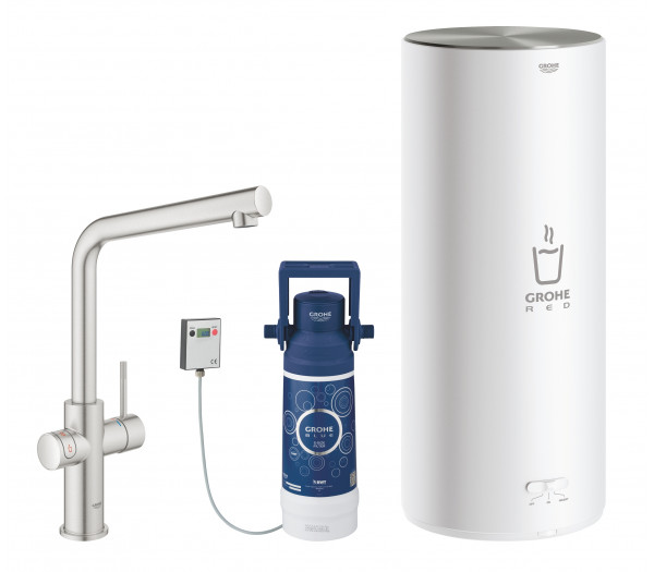 Комплект для кухни GROHE Red Duo с L-образным смесителем, бойлером L-Size и фильтром, суперсталь 