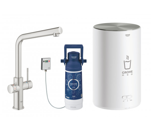 Комплект для кухни GROHE Red Duo с L-образным смесителем, бойлером M-Size и фильтром, суперсталь 
