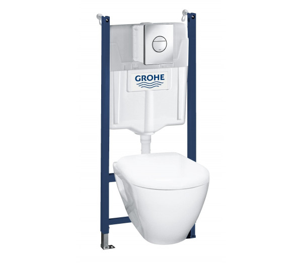 Система инсталляции GROHE Solido Compact, набор 4 в 1 с подвесным унитазом Lecico Serel и панелью смыва Nova Cosmopolitan, хром 