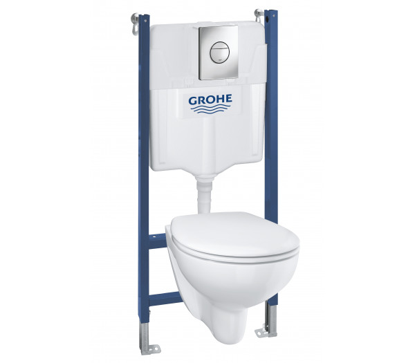 Готовый набор для унитаза GROHE QuickFix Bau Ceramic: система инсталляции Solido 5 в 1, подвесной унитаз Bau Ceramic, сиденье с микролифтом, панель смыва Sail, шумоизоляция 