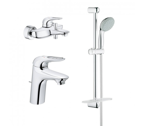 Комплект смесителей для ванной комнаты GROHE Eurostyle с душевым гарнитуром и полочкой, хром