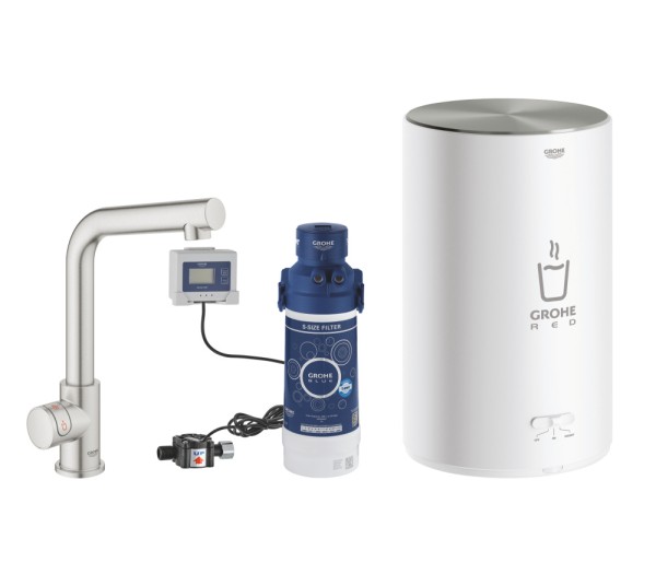 Комплект для кухни GROHE Red Mono с L-образным вентилем, бойлером M-Size и фильтром, суперсталь (30339DC1)